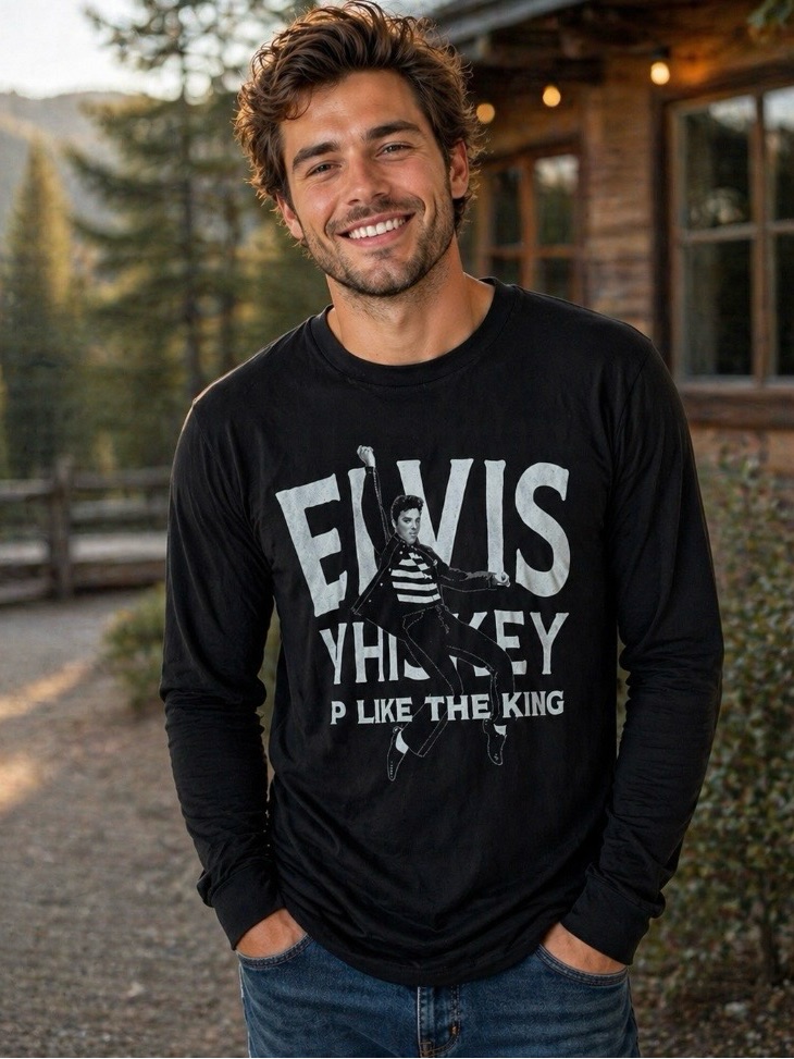 Elvis Whiskey "Sip Like The King" Black Long Sleeve Graphic Tee -Unisex Nwot